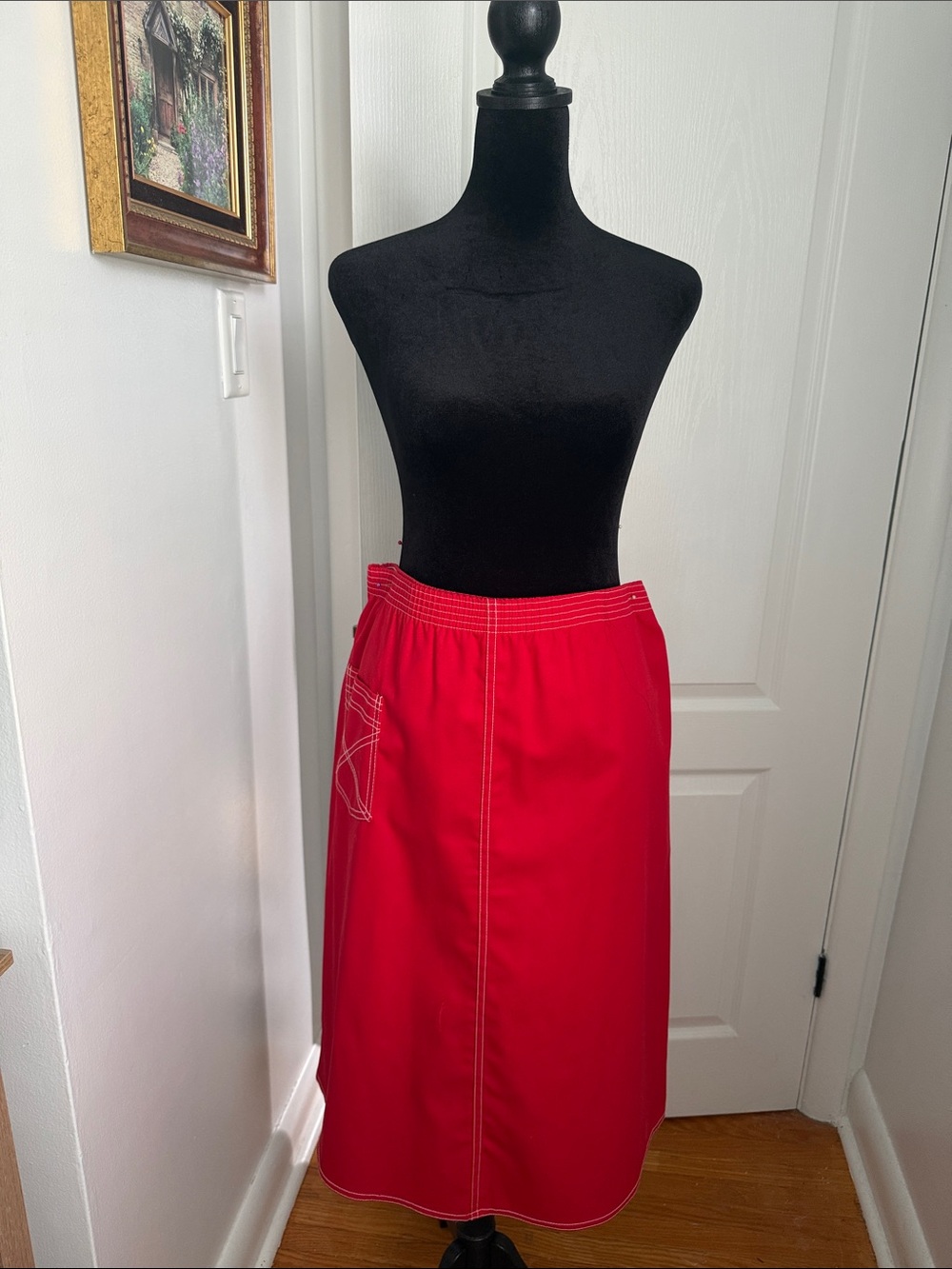 Vintage Red A-Line Skirt with Contrast Stitching - Picture 2 of 3